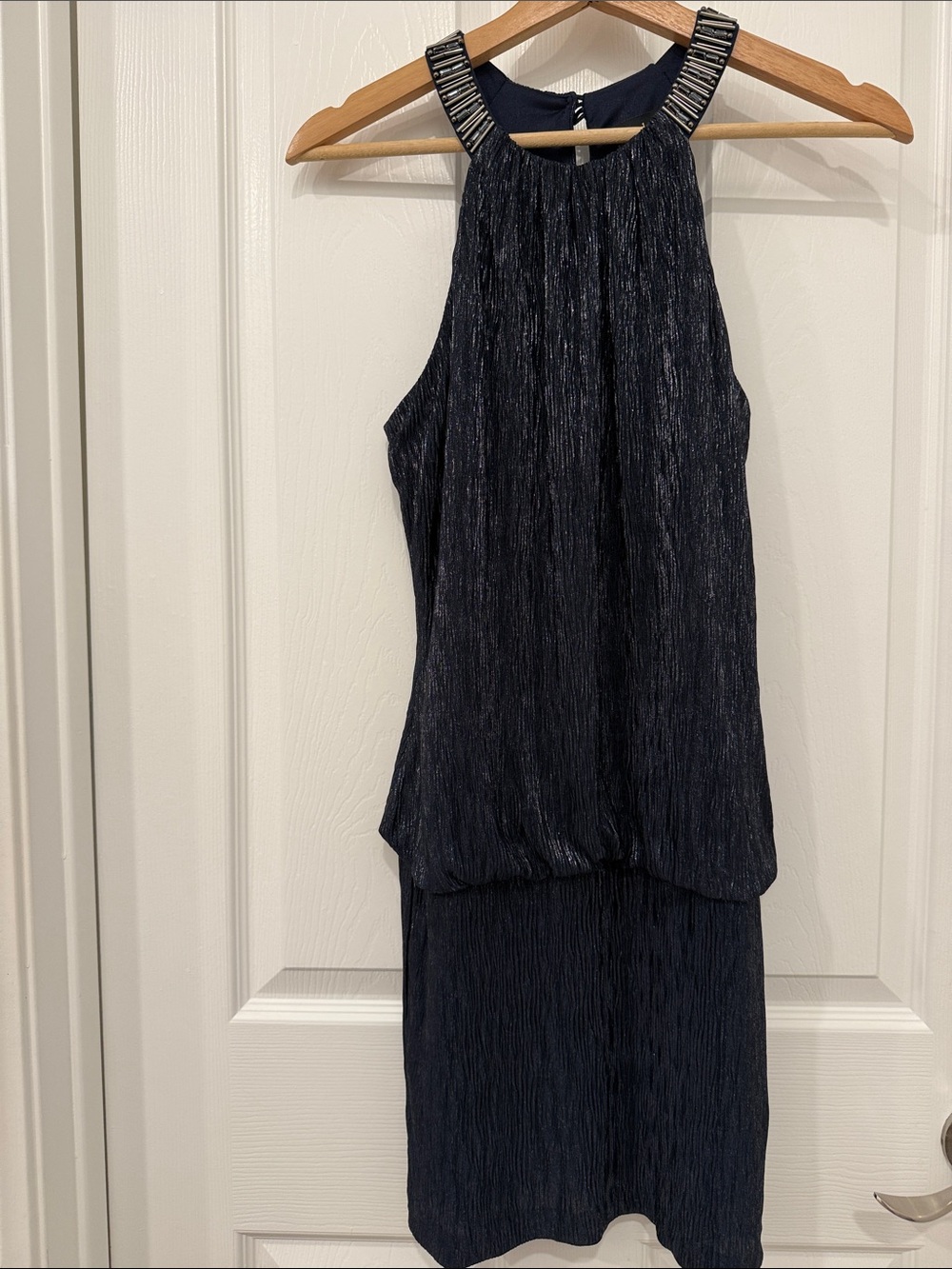 Laundry By Shelli Segal Navy Metallic Halter Dress with Beaded Neckline